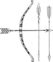 Black-and-White Vector Illustration of Bow with Trio of Arrows – 1-Item Weaponry Silhouette Study
