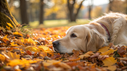 Golden retriever dog resting peacefully in a bed of colorful autumn leaves