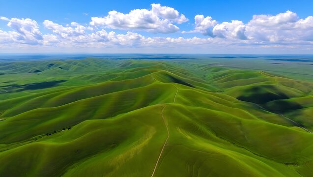 Vast rolling green hills under a blue sky with white clouds