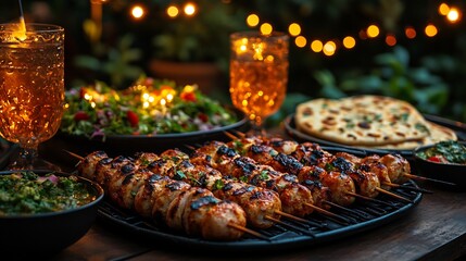 Family barbecue night with juicy malai boti kebabs garlic naan and cold drinks under twinkling string lights in a backyard setting