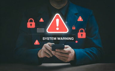 Alert businessman views system warning on phone, data security risks, online safety, cyber threat