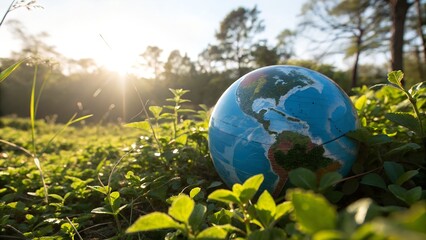 Earth globe nestled in lush green grass with sunbeams filtering through trees