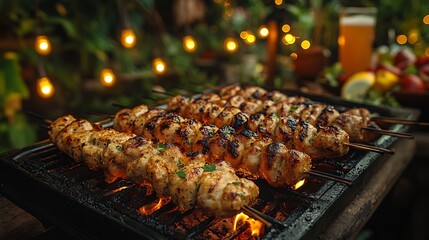 Family barbecue night with juicy malai boti kebabs garlic naan and cold drinks under twinkling string lights in a backyard setting