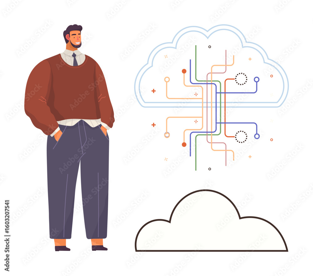 Poster man studying colorful network connections within a cloud structure, symbolizing innovation, computin