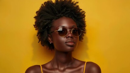 A woman wearing sunglasses and a yellow top, suitable for use in a variety of contexts such as fashion, casual outing or leisure activities
