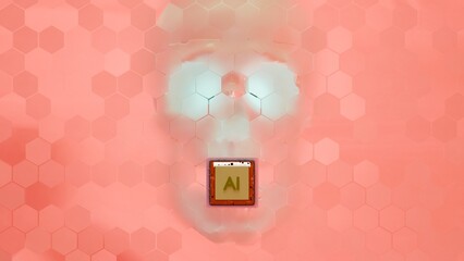 Artificial intelligence chip and skull silhouette behind pink hexagon pattern background