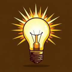 Brightly glowing incandescent light bulb radiating energy and ideas against a warm brown background