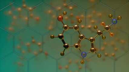 Scientific molecular structure floating over transparent hexagon pattern in gradient background