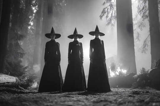Vintage-style black and white photo of three witches in a traditional black dress ant hat, standing in a foggy forest on Halloween