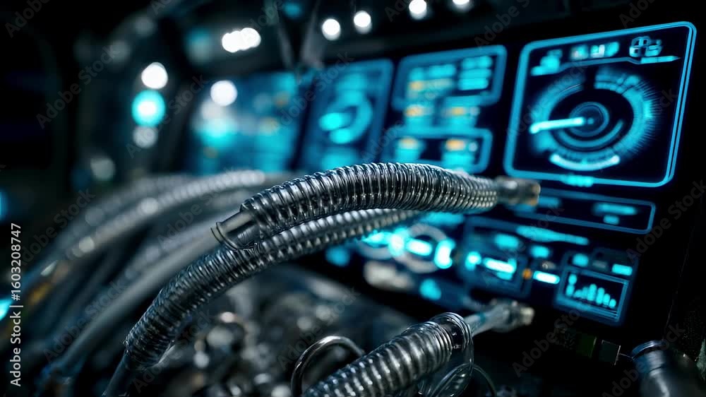 Poster intertwining metallic pipes in front of a futuristic control panel glow with vibrant blue lights whi