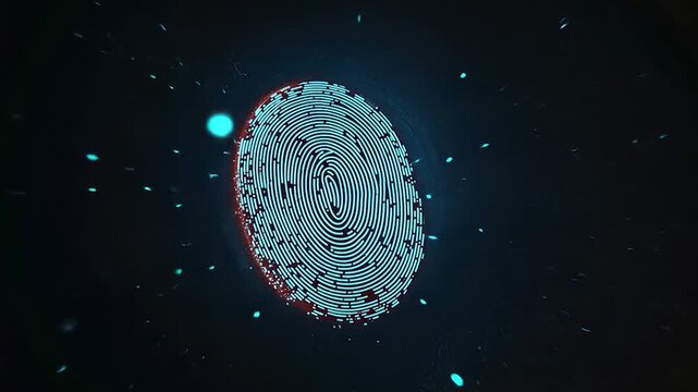 A digital representation of a fingerprint surrounded by glowing particles.