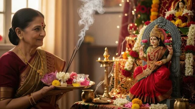 An Indian woman in traditional dress performs puja at an altar decorated with flowers and diyas during Diwali, worshiping Goddess Lakshmi.