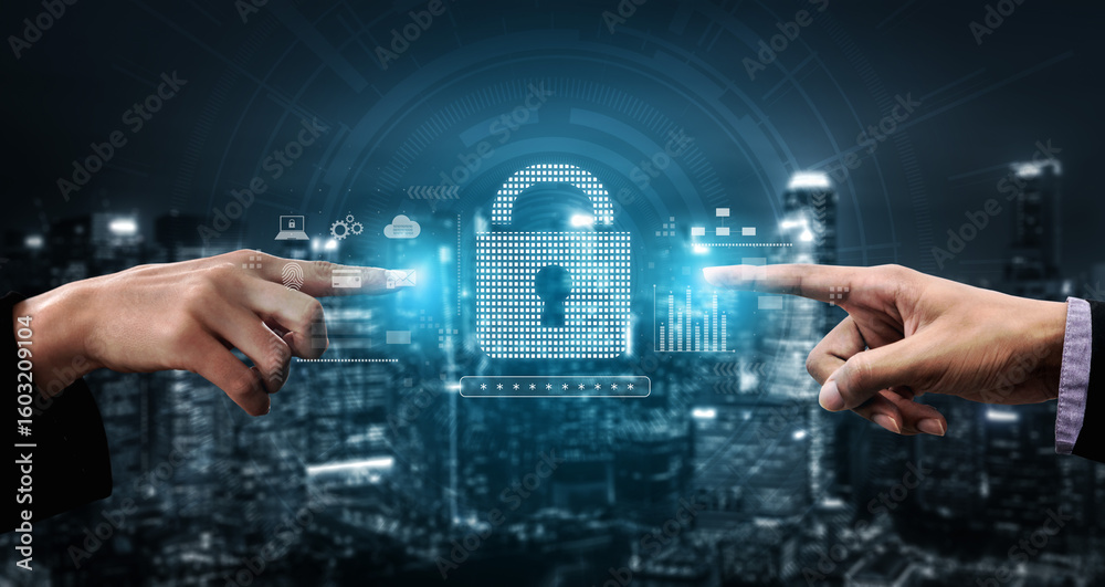 Poster cybersecurity protection system showing password encryption, fingerprint id, cloud security, email, 