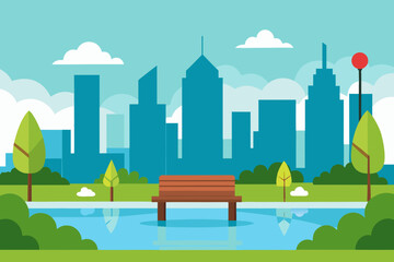 Fototapeta premium Peaceful park bench overlooks a serene pond with a city skyline in the background
