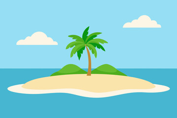 Fototapeta premium Tropical island paradise with a single palm tree and fluffy clouds in blue ocean