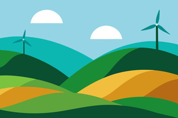 Stylized landscape with rolling green hills and wind turbines under a blue sky