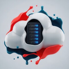 Abstract digital cloud computing concept with vibrant paint splashes and server rack inside
