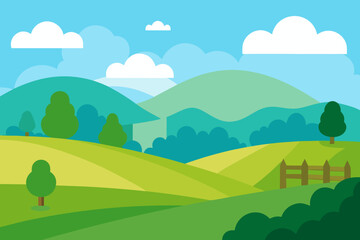 Obraz premium Stylized rolling green hills and farm landscape with blue sky and clouds