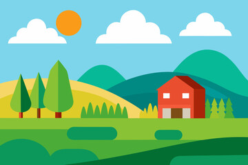 Naklejka premium Flat design illustration of a red house in a green landscape with hills and sun