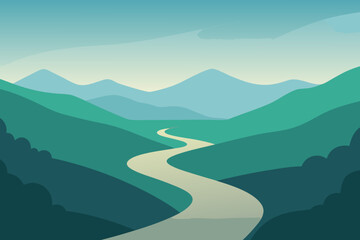 Winding road through rolling green hills and distant blue mountains under a soft sky