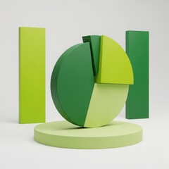 Abstract green pie chart sculpture on pedestal with vertical rectangles symbolizing growth and data
