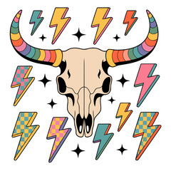 Retro Bull Skull with Rainbow Horns and Colorful Lightning Bolts