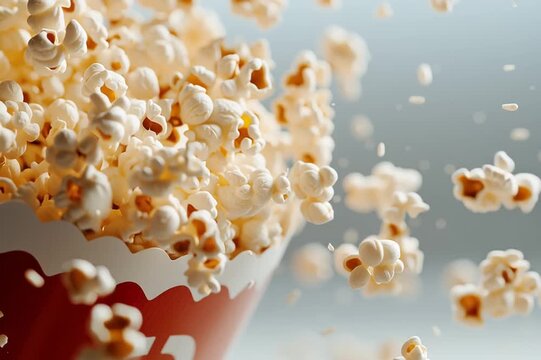Bright striped cardboard popcorn packaging floating in the air, surrounded by falling popcorn kernels. A fun and dynamic scene perfect for snack branding, cinema themes, or food advertisements.