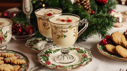 Family holiday dinner table with special eggnog served in decorative cups surrounded by plates of cookies candied fruits and a centerpiece of evergreen branches and festive ornaments