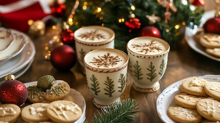 Family holiday dinner table with special eggnog served in decorative cups surrounded by plates of cookies candied fruits and a centerpiece of evergreen branches and festive ornaments