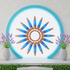 Intricate geometric mandala pattern with radiating blue and orange petals against a bright white circular background