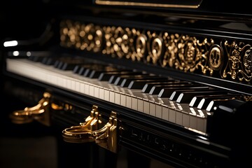 grand piano with black keys and classical instrument elegance shines with gold accents and ornate design in a luxury piano setting