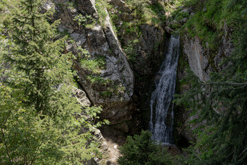 Obraz premium Waterfall surrounded by lush green trees and rocky cliffs at Kok Zhailau, Kazakhstan