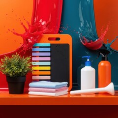 Vibrant colorful paint splashes behind cleaning supplies and a children s drawing board with a plant