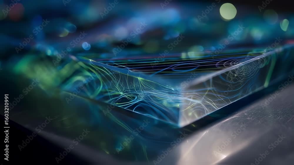 Poster light beams refracting through a plexiglas prism, creating a colorful abstract design with bokeh eff