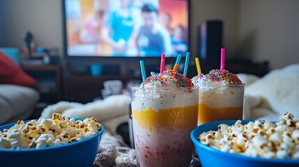 Family movie night at home with special floats in colorful glasses topped with sprinkles surrounded by popcorn bowls cozy blankets and a large screen showing a film in the background