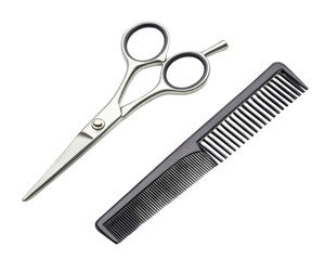 Professional silver scissors and black comb isolated on a transparent background for hairstyling
