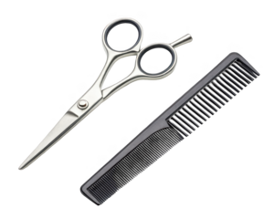 Professional silver scissors and black comb isolated on a transparent background for hairstyling