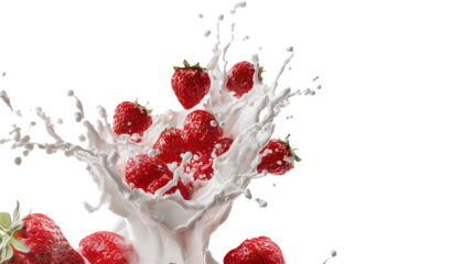 Strawberries Splashing into Milk Isolated on Clear