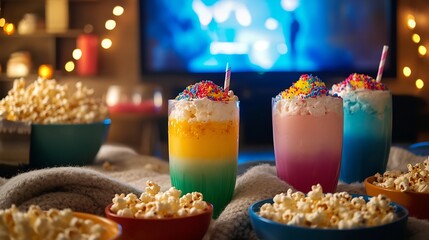 Family movie night at home with special floats in colorful glasses topped with sprinkles surrounded by popcorn bowls cozy blankets and a large screen showing a film in the background