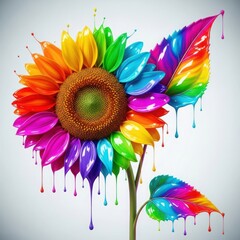 Vibrant rainbow sunflower with melting petals and dripping paint on a light background