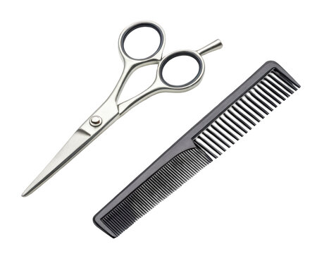 Professional silver scissors and black comb isolated on a transparent background for hairstyling