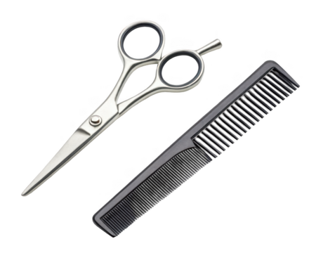 Professional silver scissors and black comb isolated on a transparent background for hairstyling
