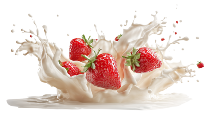 Strawberries Splashing into Milk Isolated on Clear