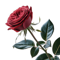 Fototapeta premium Single red rose bloom with dark green leaves against black background