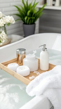 Immerse in a soothing bath with essential spa products, creating a tranquil atmosphere perfect for unwinding and self-pampering