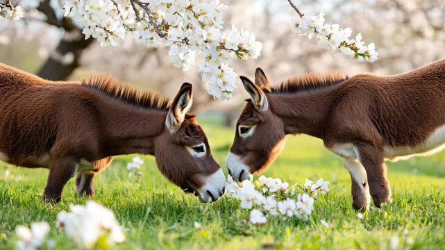 Two donkeys enjoy fresh grass while surrounded by cherry blossoms in a sunny meadow, showcasing the beauty of springtime nature