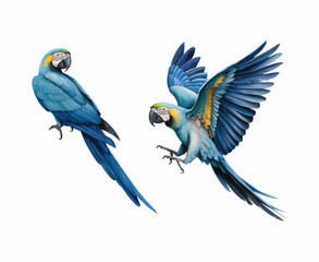 Watercolor illustration set of tropical parrots in flight and perched. 