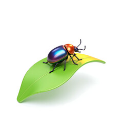 lone iridescent beetle perches delicately vibrant green leaf curved edge warm golden copy