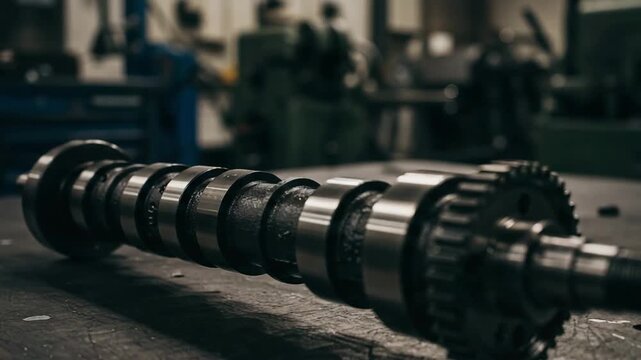 Camshaft on industrial table in workshop with blurred background  