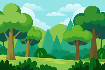 Obraz premium Vibrant cartoon forest landscape with rolling green hills and fluffy clouds